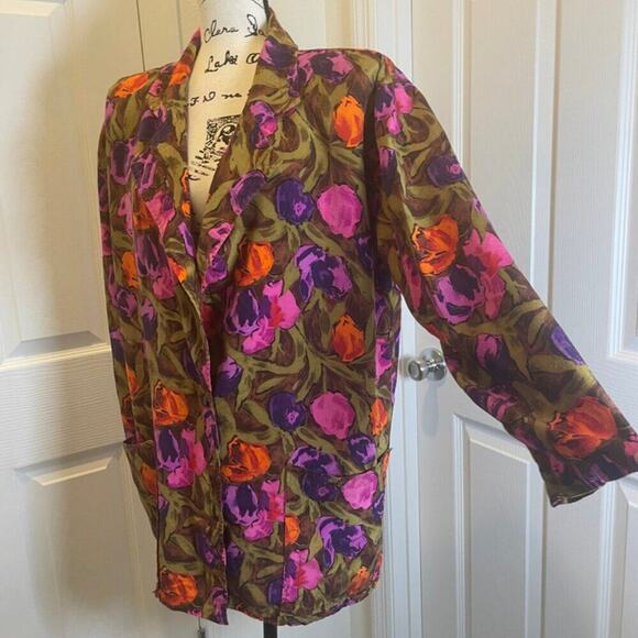 VINTAGE 80’s UNGARO TER BLAZER 100% SILK SZ 8 FLORAL CHIC PREPPY ECLECTIC STYLE - Picture 6 of 16